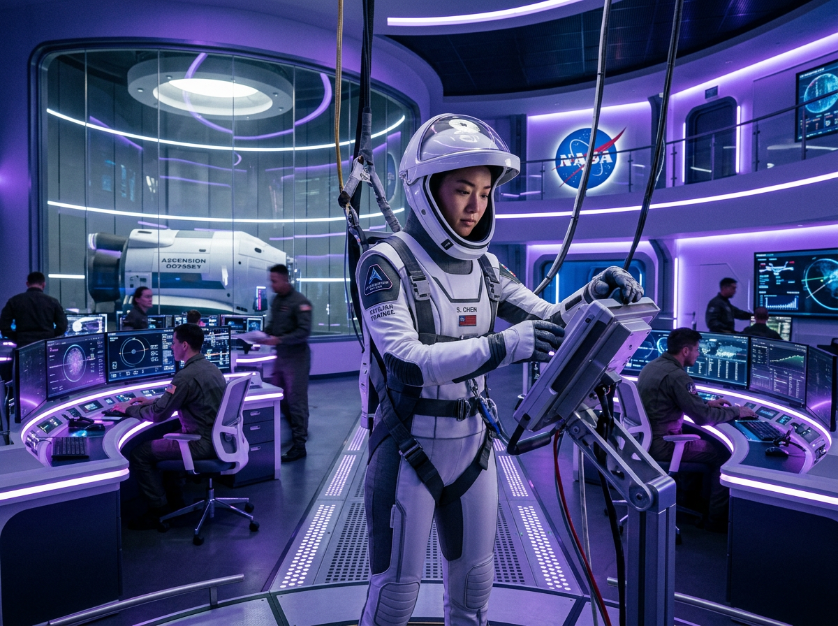 Civilian trainee preparing for spaceflight in a futuristic training facility