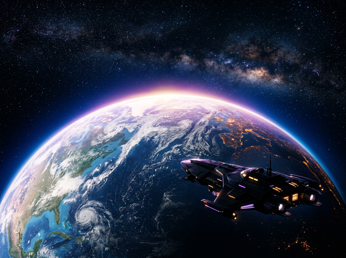 View of Earth's curvature from the edge of space with a spacecraft silhouette